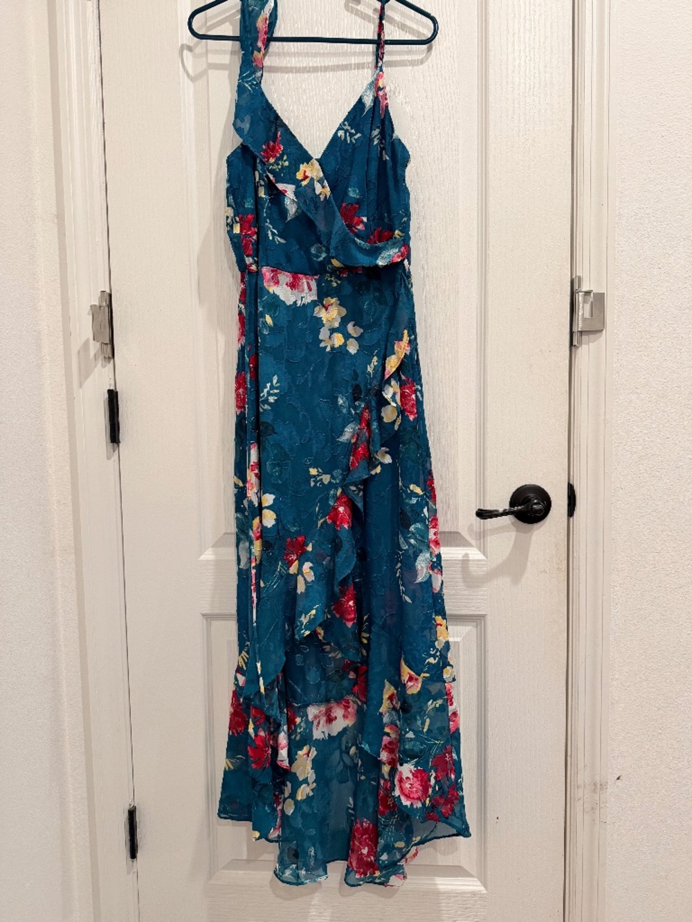 BCX Teal Floral Ruffle High Low Maxi Dress Size S